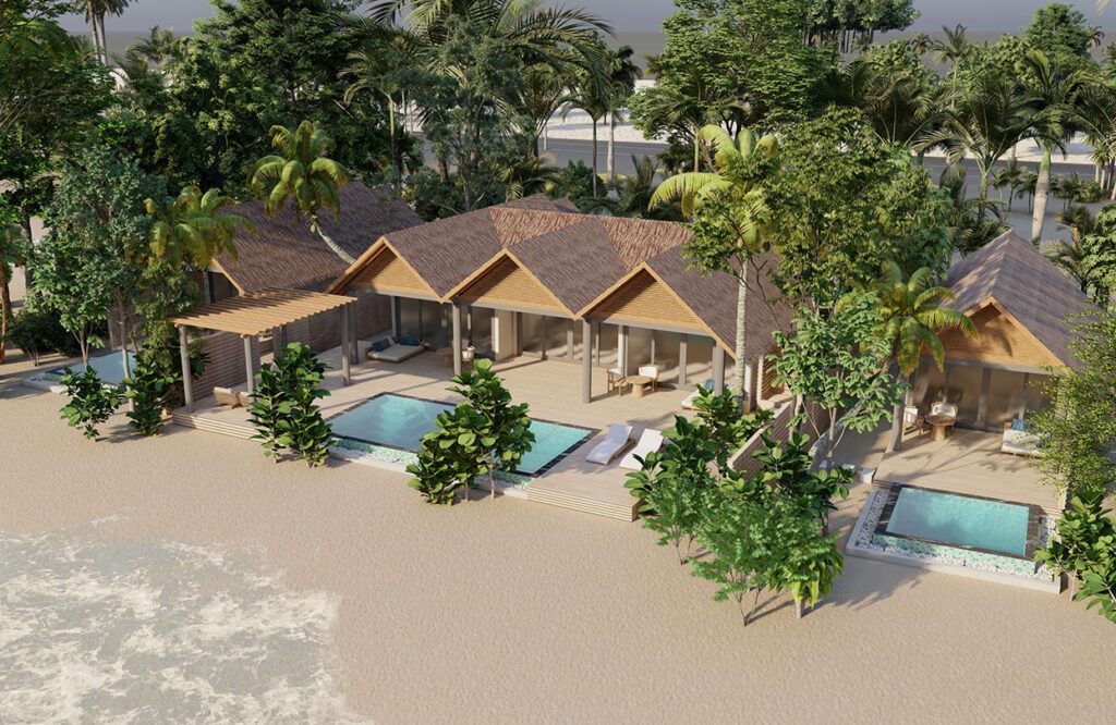 Vakkaru Maledivy - ztvárnění tří a čtyřložnicové plážové rezidence s bazénem