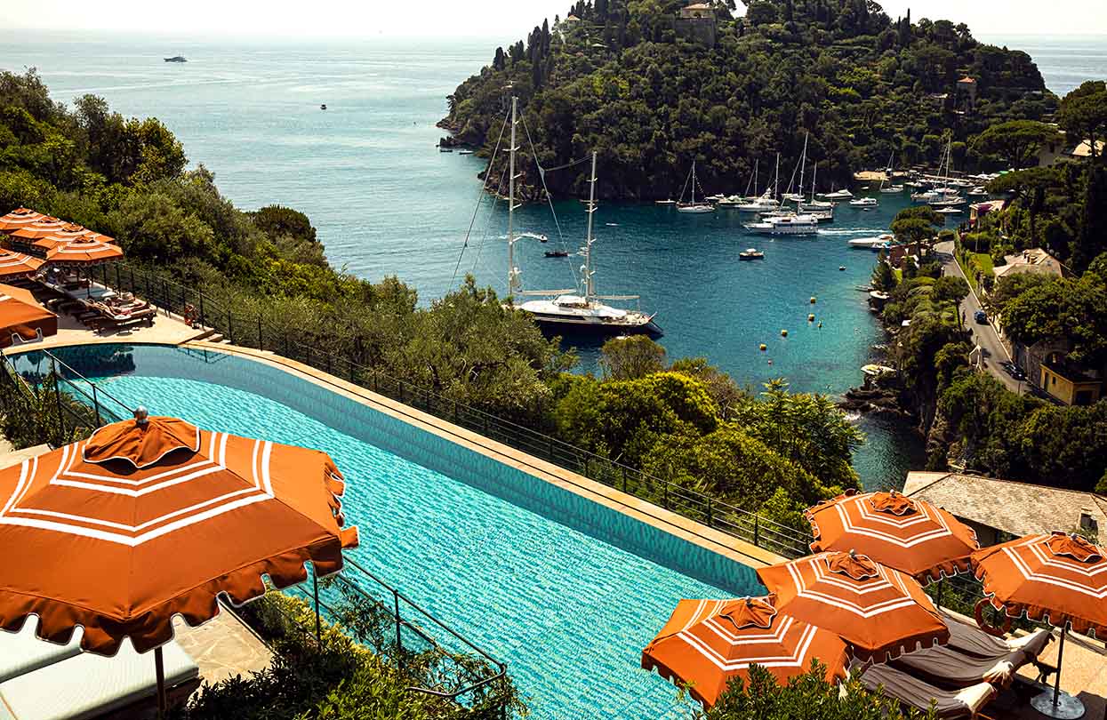 Splendido, bazén hotelu A Belmond s výhledem na záliv Portofino